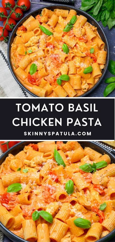 Tomato Basil Chicken Pasta – Skinny Spatula Creamy Tomato Basil Chicken Pasta, Basil Chicken Pasta, Tomato Basil Chicken Pasta, Chicken Tomato Pasta, Burst Cherry Tomatoes, Chicken Basil Pasta, Creamy Chicken Pasta Recipes, Garlic Chicken Pasta, Chicken Broccoli Pasta