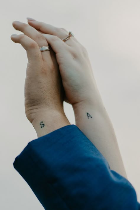 Interracial Couple Tattoos, Small Tattoos Husband And Wife, Tatoos Couple Husband Wife, Small Tattoos For Wife, Tiny Marriage Tattoos, Subtle Marriage Tattoo, Fine Line Husband And Wife Tattoos, Couple Tattoos 2023, A Tattoo Letter Initial On Finger