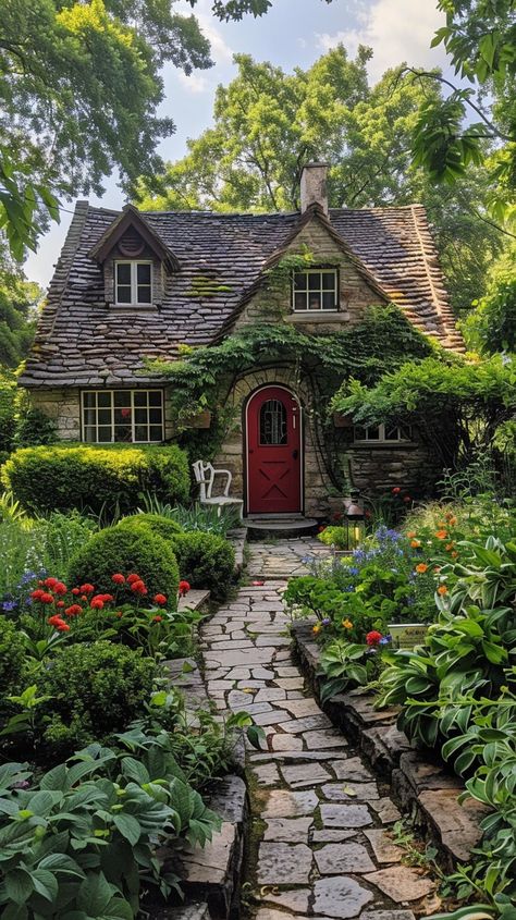 Download 'Enchanting Storybook Cottage' - Nestled among lush greenery, this charming storybook cottage boasts a vibrant red door and tranquil gardens. - Get this free stock photo and more high-quality images on StockCake. No attribution required. Cottages In Mountains, Cottage House Inspo Exterior, Red Cottage Exterior, Cosy Cottage Exterior, Cozy Cottage Home Exterior, Story Book Homes, Witch Cottage Garden, Dream Cottage Exterior, Forest Cottage Exterior