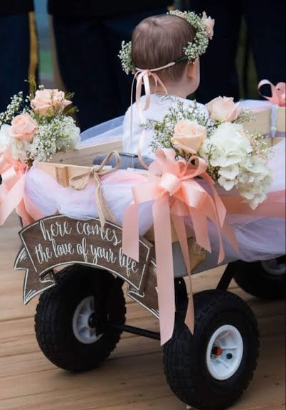 PEACH AND WHITE WEDDING FLOWERS Decorating Wagon For Wedding, Wagon Decorated For Wedding, Wagon For Wedding Baby, Baby Flower Girl Wagon, Flower Girl Wagon Ideas, Wedding Wagons For Flower Girl, Flower Girl Ideas To Carry, Diy Wedding Wagon, Ring Bearer Wagon