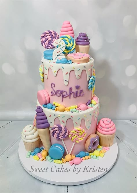 Candy Party Cake Ideas, Ice Cream Candy Birthday Theme, 10 Is Sweet Birthday, Candyland 2nd Birthday Party, Pastel Candy Land Party, Candy Land Smash Cake, 1st Birthday Candyland Theme, Candyland Theme Cake 1st Birthdays, Pastel Carnival Birthday Cake