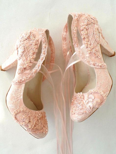 Blush embellished lace wedding shoes for bride and bridesmaids, with pearls and ribbons. Vintage weddings or romantic weddings, these shoes compliment your wedding theme beautifully! Custom wedding gift, personalized engagement gift or bridesmaids shoes. Blush pink bridal shoes are designed with Blush Bridal Shoes, Shoes With Pearls, Pink Bridal Shoes, Blush Wedding Shoes, Best Bridal Shoes, Sparkly Wedding Shoes, Lace Wedding Shoes, Ivory Bridal Shoes, Bridal Shoes Low Heel