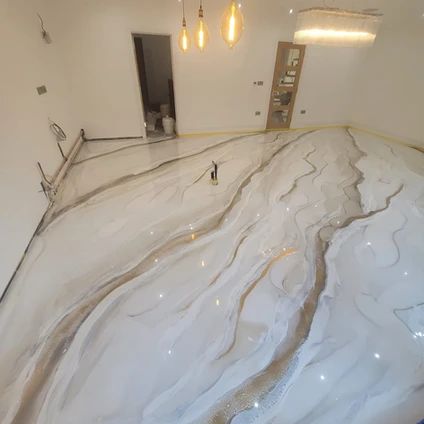 White Marble Epoxy Resin Stairs | Flooring Gallery Resin Stairs, Stairs Flooring, Concrete Floors In House, Epoxy Floor Designs, Epoxy Resin Flooring, Metallic Epoxy Floor, Floor Designs, White Marble Floor, Flooring For Stairs