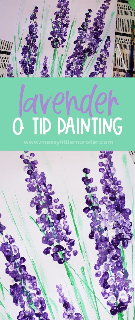 Lavender painting for kids - Q tip painting lavender craft. Flower craft. Painting With Flowers Preschool, How To Paint Lavender, How To Paint Lavender Flowers, Preschool Gardening, Q Tip Art, Flower Making Crafts, Lavender Painting, Painting Lavender, Flowers Paper Craft