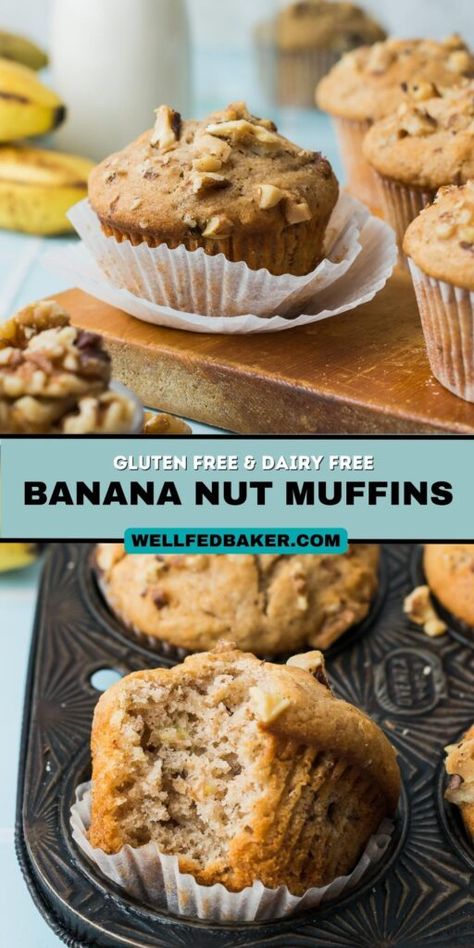 Pin for gluten free banana nut muffins Banana Nut Bread Muffins, Gluten Free Banana Nut Muffins, Banana Nut Muffins Healthy, Easy Banana Nut Muffins, Gluten Free Peach Cobbler, Gf Snacks, Gluten Free Banana Muffins, Nut Muffins, Banana Nut Muffins