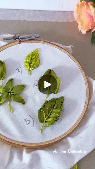 Ribbon Embroidery Kit, Ribbon Flower Tutorial, Ribbon Embroidery Tutorial, Leaves Design, Ribbon Flower, Silk Ribbon Embroidery, Embroidery Craft, Embroidery Kit, Ribbon Flowers