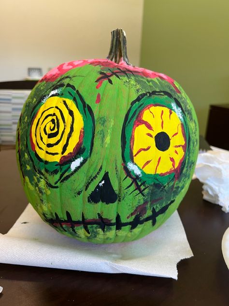 Pumpkin Painting Ideas Zombie, Brain Pumpkin Painting, Zombie Painted Pumpkin, Zombie Pumpkin Painting, Pumpkin Carving Alternatives, Pumpkin Competition, Pumpkin Board, Cute Painted Pumpkin Ideas, Pumpkin Inspo