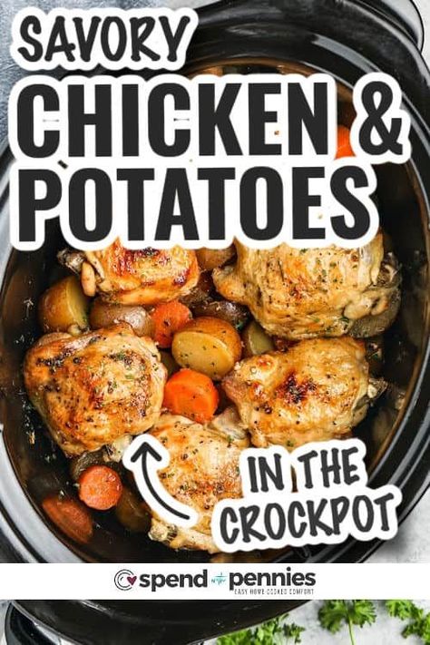 Indulge in the irresistible flavors of this effortless Crockpot Chicken and Potatoes recipe that is sure to please the entire family. With tender chicken thighs, red potatoes, carrots, and a blend of flavorful seasonings, it's a dish that's hard to resist! #crockpotchickenandpotatoes #crockpot #slowcooker #recipe #spendwithpennies Slow Cooker Bone In Chicken, Crock Pot Chicken And Potatoes, Crockpot Chicken Potatoes, Crockpot Chicken And Potatoes, Potato Recipes Crockpot, Chicken Breast Slow Cooker, Crockpot Chicken Thighs, Chicken Breast Crockpot Recipes, Slow Cooker Chicken Thighs