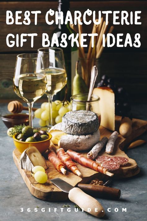 A charcuterie gift basket is a great idea for meat and cheese lovers and foodies. It contains everything for a delightful evening at home. This selection of charcuterie gift baskets is gorgeous and thoughtful. #gifts #giftshop #giftidea #giftideas #gift #charcuterie #giftbasket #charcuteriegiftbasket #charcuteriegiftbasketideas #charcuteriebox Charcuterie Board Gift Accessories, Gift Basket Charcuterie Board, Christmas Charcuterie Gift Basket, Gifting A Charcuterie Board, Cheese Board Gift Basket Diy, Charcuterie Themed Gift Basket, Appetizer Gift Basket Ideas, Gift Basket Ideas Charcuterie, Wrapping Charcuterie Board Gift