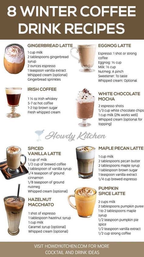 Winter coffee drinks including Eggnog Latte and White Chocolate Mocha, garnished with whipped cream and festive toppings for a perfect seasonal treat. Hot Coffee At Home, Winter Coffee Drinks, Winter Coffee Recipes, Starbucks Hot Drinks, At Home Coffee Recipes, Cacao Drink, Flavored Coffee Recipes, Warm Drinks Recipes, Homemade Coffee Drinks