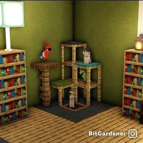 Shelves Minecraft Ideas, Minecraft Stairs Interior, Cat Stand Minecraft, Bird Room Minecraft, Cute Minecraft Closet, Minecraft Reading Corner, Minecraft Cat Post, Minecraft Vanity Ideas, Minecraft Plant Decor Ideas