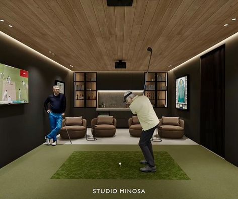 Happy Sunday! 🌞 Imagine a space where luxury and functionality meet—a movie room that transforms into a state-of-the-art golf simulator. Our latest Milton project, currently in the design phase, will feature this very cool, multi-functional room cleverly tucked away behind the wine cellar (convenient location, right?). At Studio Minosa, we believe in creating spaces that elevate your lifestyle. Whether you’re in the mood for an immersive movie night or a quick round of golf, this room offer... Golf Room Simulator, Golf Simulator Room Design Basement, In Home Golf Simulator, Home Golf Simulator Room, Indoor Golf Room, Golf Simulator Room Design, Golf Zone, Simulator Room, Home Golf Simulator