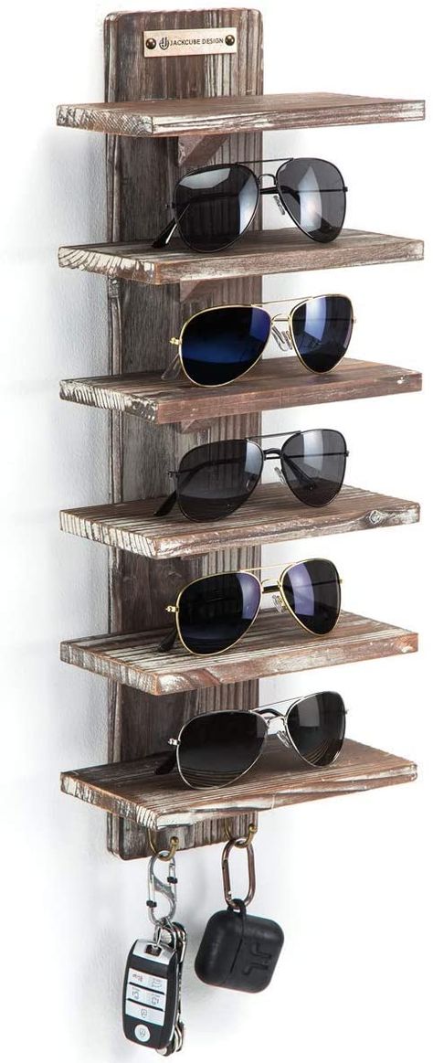 Sunglasses Display Diy, Diy Sunglasses Holder, Diy Sunglasses, Key And Letter Holder, Wood Jewelry Display, Sunglasses Organizer, Glasses Storage, Rustic Wood Wall, Sunglasses Display