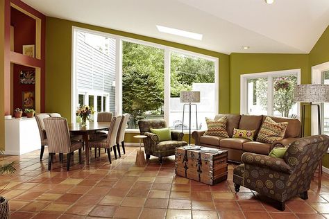 Elegant use of terracotta tiles with tumbled edges for the modern living room Terracotta Floor Living Room, Terracotta Tiles Living Room, Terracotta Living Room, Living Room Floor Tiles, Terracotta Flooring, Terracotta Floors, Tiles Living Room, Tile Floor Living Room, Live Intentionally