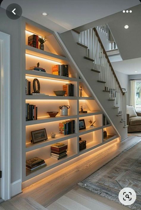 Designs For Under Staircase, Under The Stairs Open Space, Stairs In Hall, Book Shelves Under Stairs, Under Stair Shelving, Staircase Down Area Design, Staircase Cabinet Design, Bookcase Under Stairs, Under Staircase Design