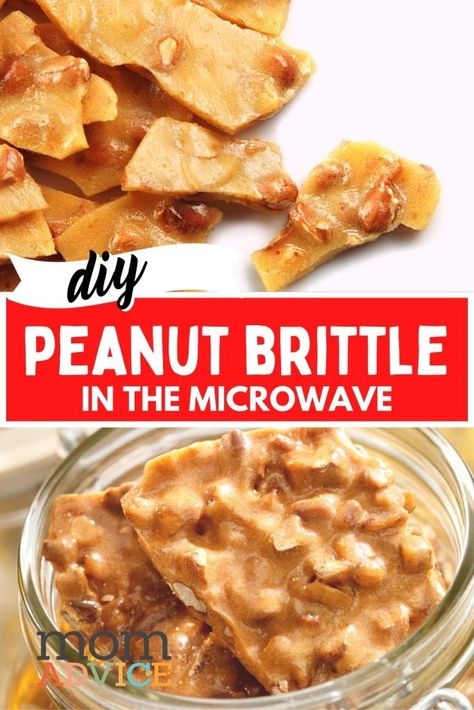 Easy Microwave Peanut Brittle Recipe (The BEST Gift Idea) - MomAdvice Microwave Peanut Brittle Recipe, Desserts Cobbler, Easy Peanut Brittle Recipe, Quick Holiday Treats, Veggie Couscous, Candies Recipes, Cobbler Muffins, Pistachio Brittle, Cashew Brittle