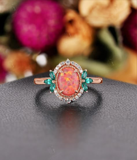 Guess your favorite Ring：https://www.etsy.com/listing/699139357 https://www.etsy.com/listing/938521537 ★ Settings ☆ Metal: 14K / 18K Solid Gold  ☆ Gold Color: Rose / White / Yellow ★ Main Stone ☆ Type: Lab Opal ☆ Shape: Oval Cut ☆ Size: 8*6 mm ★ Side Stones ☆ Type: Moissanite ☆ Total Carat Weight: approx 0.098 ct ☆ Shape: Round ☆ Color: DEF ☆ Clarity: VVS-VS ☆ Type: Lab Emerald ☆ Total Carat Weight: approx 0.162 ct ☆ Shape: Marquise ▷ Weight of gold: about 3.33 g ▷ Band width: 1.8 mm ▷ Band Thic Multicolored Engagement Ring Cheap, Luxury Opal Ring With Accent Stones For Engagement, Luxury Oval Opal Ring With Gemstone Accents, Luxury Opal Wedding Ring With Gemstone Accents, Luxury Oval Opal Ring With Accent Stones, Luxury Round Cut Opal Ring With Accent Stones, Luxury Opal Ring With Accent Stones As Gift, Luxury Oval Opal Birthstone Ring, Luxury Elegant Opal Birthstone Ring