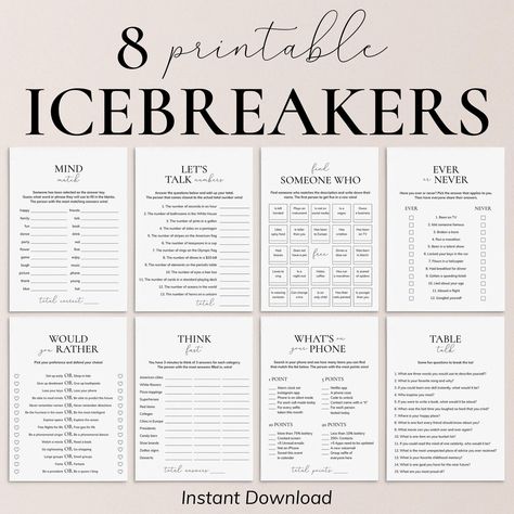 Break the ice and get your party started with these fun icebreaker games! Playing games is a great way to break the ice, get people talking and lighten the mood. These printable party starters are designed to get guests interacting and get your party going. The games are the perfect addition to any occasion; from dinner parties and work meetings to game nights. Everyone will love these fun party icebreakers. This icebreaker games bundle includes the following 8 games and activities: * Ever or Ne Games To Play With Adults, Stand Up If Icebreaker, Ice Breaker Scavenger Hunt, Mingle Games, Ice Breaking Activities For Adults, Icebreaking Activities, Simple Ice Breakers For Adults, Icebreaker Ideas, Ice Breaker Games For Adults Parties