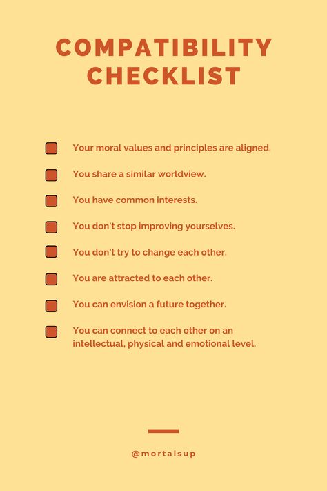 Compatibility is essential in determining the success of a couple. Even with chemistry, two people may not be compatible. Use this list as a gauge on how suitable you are for one another. If you are both able to check & tick all the boxes, that's a great start to a potentially wonderful and lasting relationship. | Mortal Support Compatibility In Relationships, Chemistry And Compatibility, Chemistry Vs Compatibility, Chemistry Relationship, Pros And Cons List Relationship, Couples Chemistry, Personality Compatibility, Intellectual Quotes, Chemistry Between Two People