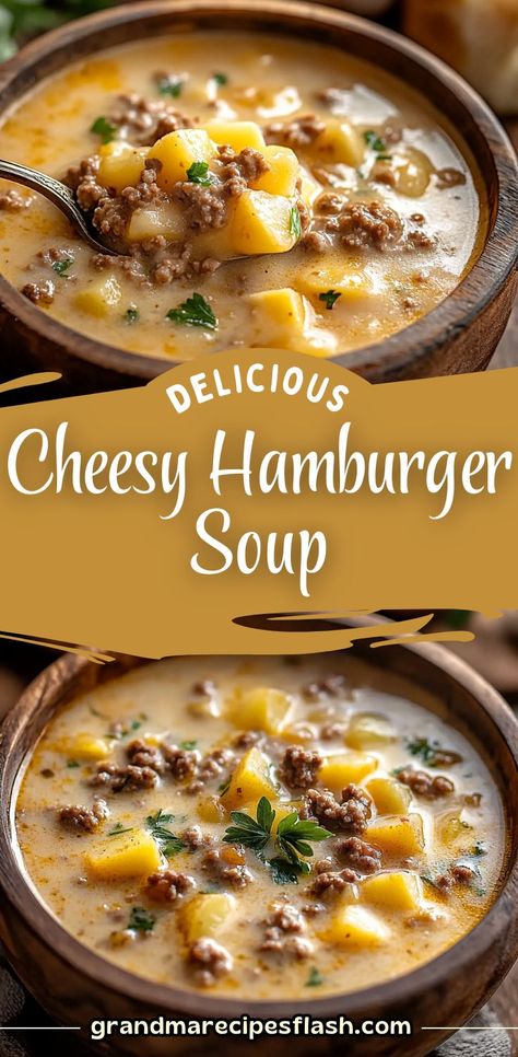 This Cheesy Hamburger Potato Soup is the ultimate comfort food, combining hearty ground beef, tender potatoes, and a creamy cheese broth for a rich, satisfying meal. Perfect for chilly nights, it’s quick to prepare and full of flavor! Cheesy Hamburger Potato Soup, Quick Hamburger Recipes, Soup With Beef Broth, Hamburger Potato Soup, Creamy Potato Soup Recipe, Hamburger And Potatoes, Cheesy Potatoes Recipe, Cheesy Potato Soup, Quick Soup