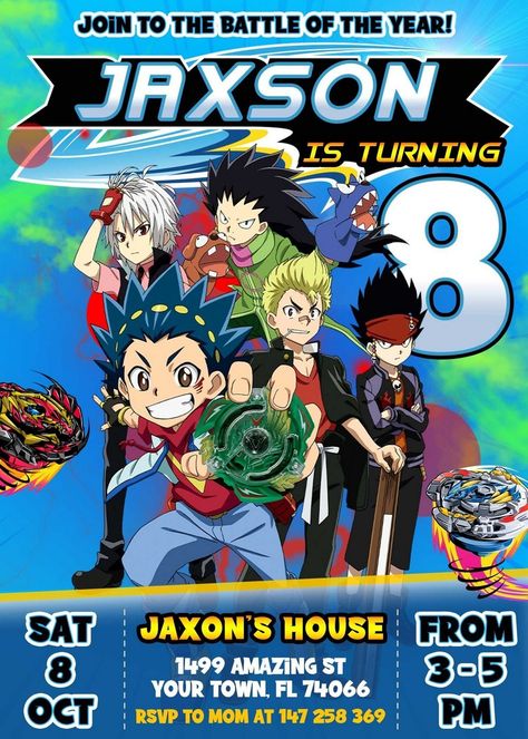 Fairy Fiesta: Kids Fairy Birthday Party Invitations Beyblade Birthday Invitation, Fairy Birthday Party Invitations, Beyblade Invitation, Beyblade Birthday Party, 7th Birthday Boys, Baby Handprint Art, Baby Handprint Crafts, Beyblade Birthday, Boy Party Invitations