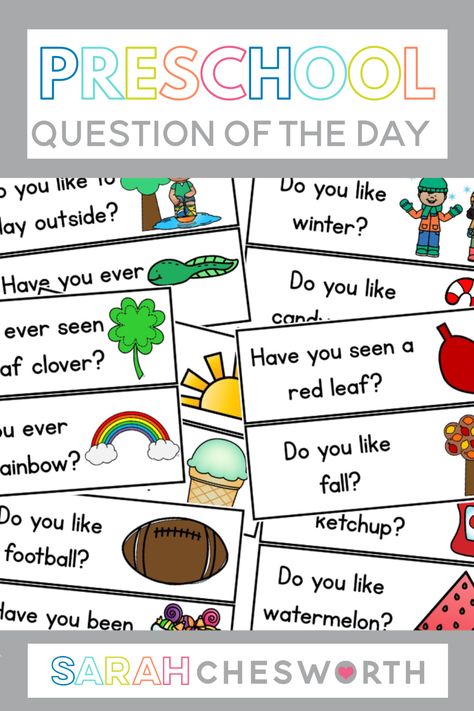 These preschool question of the day cards will make your morning routine meaningful and fun for students! These printable cards can be used in a pocket chart. Students will use their own name cards each day to answer the question. This post has tons of question ideas and information for getting started with this classroom routine! Yes No Questions For Preschoolers, Transitions In The Classroom Preschool, Preschool Daily Questions, Easter Question Of The Day Preschool, Preschool Check In Ideas Classroom, Morning Questions For Preschool, Preschool Morning Questions, Prek Question Of The Day, Beginning The Year Preschool Activities