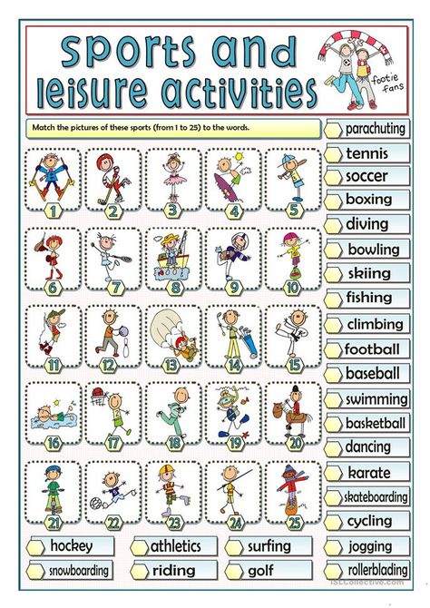 SPORTS AND LEISURE ACTIVITIES - English ESL Worksheets for distance learning and physical classrooms English Pictures, Go Math, Sport Activities, English For Kids, Activities Worksheet, Kindergarten Math Worksheets, English Activities, Grammar And Vocabulary, Time Activities