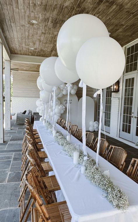 White And Greenery Engagement Party, Bridal Shower Patio Decor, Engagement Party All White, Bridal Shower Drink Table, Engagement Party House Decor, White Bridal Shower Table Decor, Bridal Shower In White Tent, Neutral Color Engagement Party, All White Wedding Shower Ideas