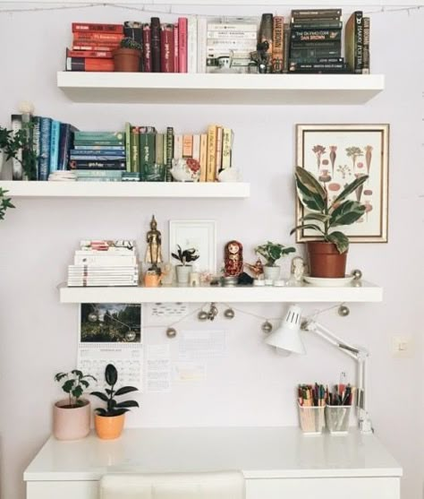 Above Desk Shelving Ideas, Shelfs For Books Wall, Floating Book Shelves Over Desk, Shelf Above Desk Decor, Desks With Shelves Above, Home Office Wall Shelves Above Desk, Above Desk Bookshelves, Book Shelf Above Desk, Shelves Above Desk Aesthetic