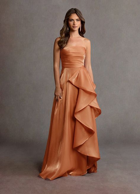 Enya Burnt Orange Handkerchief Gown | Azazie CA Rust Gown Wedding, Tangerine Formal Dress, Rust Colored Mother Of The Bride Dresses, Pastel Orange Bridesmaid Dresses, Textured Bridesmaid Dresses, Light Orange Bridesmaid Dresses, Blood Orange Dress, Burnt Orange Bridesmaid Dress, Orange Bridesmaid Dress