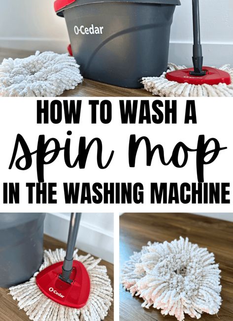 text says how to wash a spin mop in the washing machine. Three photos of the o-cedar spin mop with the mop bucket and mop head. Cleaning Spin Mop Head, Wash Walls With Spin Mop, Cleaning Mop Head, Washing Walls With Spin Mop, How To Clean O Cedar Mop Head, How To Clean Mop Head, Ocedar Mop Hack, O Cedar Spin Mop Cleaning Solution, Cleaning Walls With Spin Mop