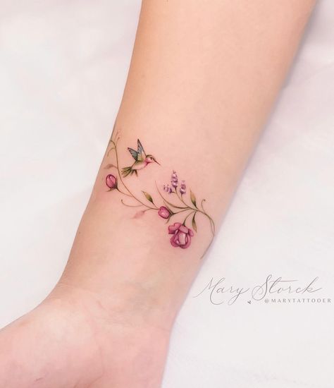 Boo Boo Tattoo, Floral Armband Tattoo For Women, Delicate Tatoos, Hummingbird Flower Tattoos, Wrap Around Wrist Tattoos, Pet Tattoos, Wrist Bracelet Tattoo, Cuff Tattoo, Cool Wrist Tattoos