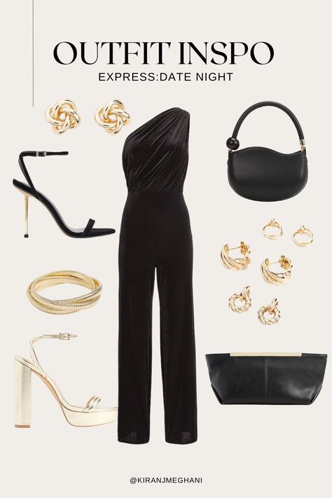 Date night outfit inspo with @express 

black jumpsuit gold heels jumpsuit express clothing gold earrings black heels strappy heels platform heels pants black purse clutch should bag shoe crush hoops studs bracelets date night ideas date night outfit inspiration girls night out outfit ideas celebrity style stlye guide style tips blogger vlogger Winter Jumpsuit Outfit Classy, Black Platform Heels Outfit, Black Jumpsuit Outfit Night, Party Outfit Night Classy, Winter Jumpsuit Outfit, Black Heels Strappy, Platform Heels Outfit, Classy Jumpsuit Outfits, Express Clothing