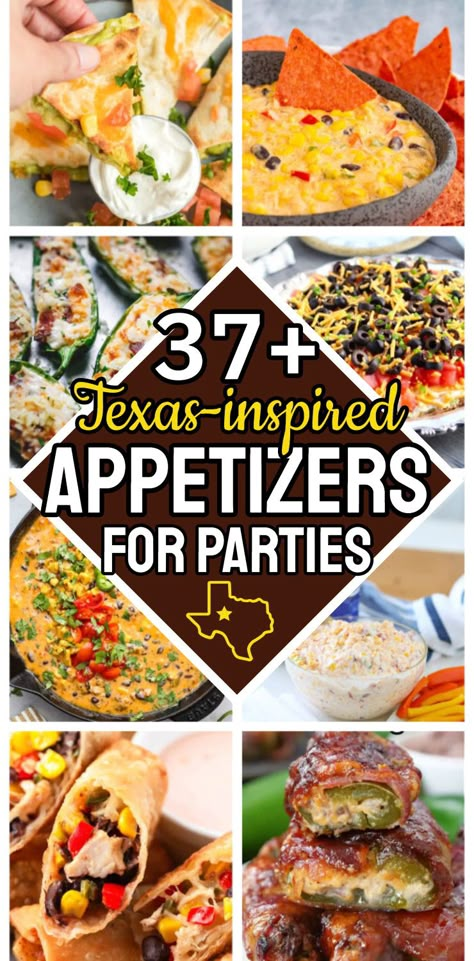 37+ Texas Inspired Appetizers For Parties - Put a little Tex-Mex in your party food with these yummy Texas-style appetizers with just the right amount of cowboy-spicy kick. From Christmas to Cinco De Mayo, the southwest finger foods and caviar dips are easy shareable snacks for party events, potlucks and small gatherings. Fun cheap party food ideas and easy potluck dishes to bring to special events. Cowboy Potluck Ideas, Easy Mexican Finger Foods For Party, Easy Fast Finger Foods, Cowboy Christmas Party Food, Wild West Appetizers, Snack Spread Ideas, Texas Appetizers Parties, Country Themed Food, Taco Bar Appetizers