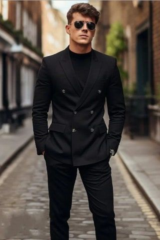 Black Suit Men Outfit Classy, Mens Tuxedo Photoshoot, Black Coat Outfit Men Formal, Black Suit Double Breasted Men, Double Breasted Suit Men Casual, Black Suit For Men Wedding, Modern Suit For Men, Black Double Breasted Blazer Outfit, Black Suit Men Casual