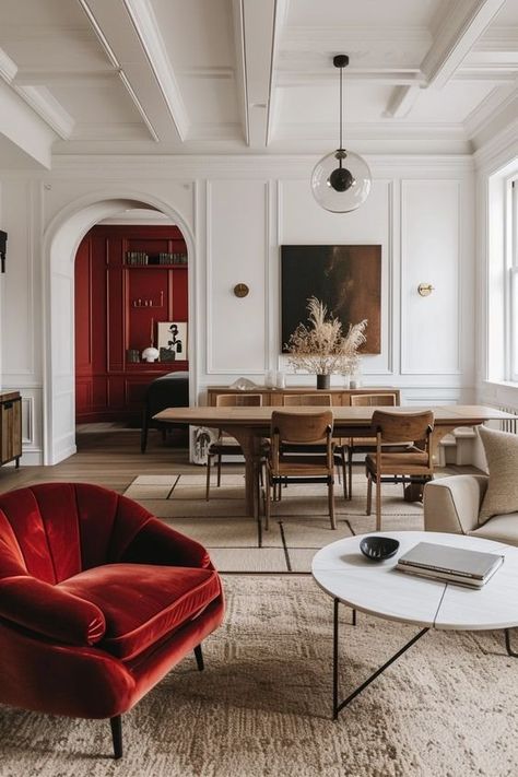 Decorating with "The Unexpected Red Theory" — Paper & Moon Red Accent Interior Design, Unexpected Interior Design, Unexpected Red Interior Design, Red Home Interior, Pop Of Red Interior, Modern Classic Interiors, Red Interior Design Modern, Red Theory Interior Design, Pop Of Red Interior Design