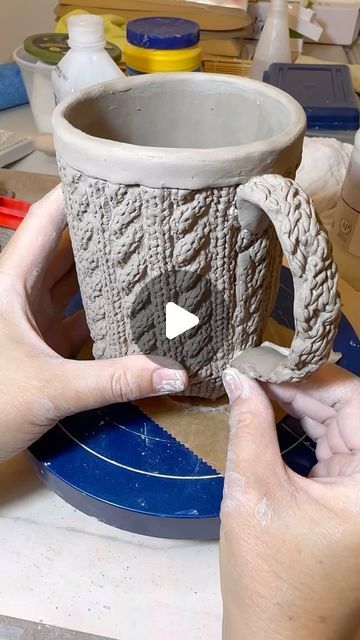 Pottery by Irene - i23n3. on Instagram: "Build a sweater mug with me! 🥰  The actual building of this mug took much much longer, but just wanted to show some highlights here.  Hand building pottery is no joke! ⏰  It takes a lot of time, but the details you can achieve through the process is so rewarding.   🕰️ There’s only so much time in a day and sometimes it comes down to choosing between working in clay or posting on social media.  For me, clay wins. 🫶🏽 . . . . . #ceramicmug #potterymug #sweatermug #sweaterart #handbuiltpottery #handbuiltmug #slabbuiltpottery #slabbuiltmug #handmadewithlove #handmadegifts #stonewareceramics #stonewareclay #stonewaremug #lagunaclay #coffeemugsofinstagram #mugsofinstagram #ceramicprocess #processvideo #ceramiclicious" Sweater Mug Ceramic, How To Make A Mug Out Of Clay, Hand Building Ceramics Ideas, Mug Shapes Pottery, Hand Built Mug, Pottery Mugs Ideas, Hand Built Mugs, Hand Building Ceramics, Hand Building Pottery Ideas