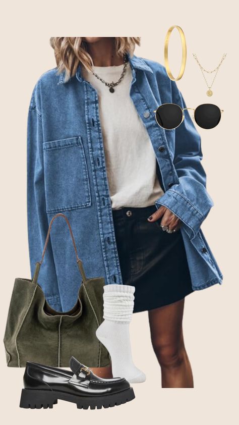 Fall trend 2024 - Denim shirt outfit, loafers, edgy outfit ideas Looks For Spring Outfit Ideas, Spring Trend Outfits 2024, Cute Fall 2024 Outfits, Autumn 24 Fashion Trends, Dark Demin Outfits, Cool Outfits Women Street Styles, Denim Shirt Fall Outfit, Oversized Denim Shirt Outfit Winter, Women’s Denim Shirt Outfit