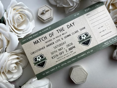 Football invites, football themed invitations, vespoke football stationery Football Wedding Ideas, Soccer Wedding, Football Wedding Theme, Pretty Decorations, French Themed Wedding, Football Wedding, Ticket Wedding Invitations, Ticket Style, Pocketfold Invitations