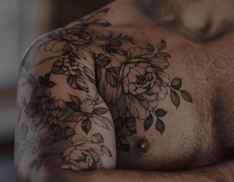 Flower Tattoos For Men Masculine, Flower Chest Tattoo Men, Man Shoulder Tattoo, Chest Shoulder Tattoo Men, Chest And Shoulder Tattoo For Men, Upper Arm Tattoo Men Half Sleeves Ideas, Chest And Shoulder Tattoo, Masculine Flower Tattoo, Sleeve Floral Tattoo