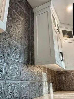 Feature Tiles Kitchen, Tin Tiles On Wall, Punched Tin Backsplash, Tin Tile Backsplash Kitchen, Gatsby Kitchen, Gatsby Bathroom, Pressed Tin Splashback, Pressed Tin Backsplash, Bathroom Feature Wall Tile