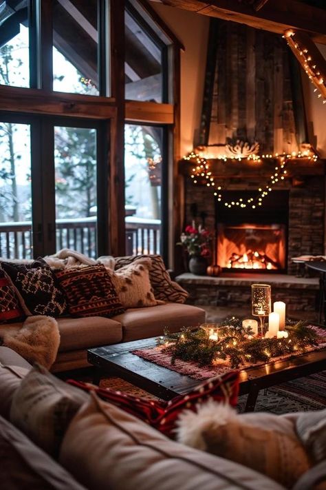 Incorporating Winter Decor into a Rustic Home Cozy Christmas Cabin, Winter Living Room Decor, Winter Lodge, Cozy Winter Decor, Dorm Room Wall Art, Cozy Christmas Living Room, Winter Living Room, White House Christmas, Cabin Christmas