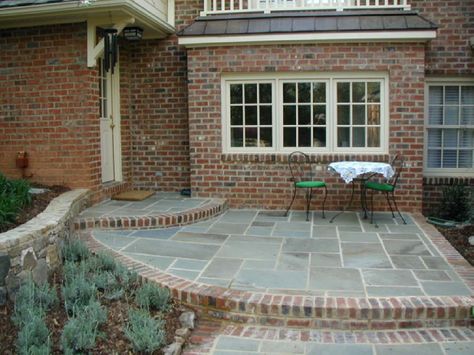 brick and concrete patio Stamped Concrete With Brick Border, Brick House Patio, Brick Border Patio, Patio With Brick Border, Bluestone And Brick, Brick And Slate Patio, Stone And Brick Patio, Bluestone And Brick Patio, Brick Border