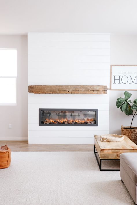 Shiplap Fireplace Diy With Tv, Fireplace Ideas With Electric Fireplace, Electric Fireplace Modern Farmhouse, Mantel Over Electric Fireplace, Ahiplap Fireplace, Electric Fireplace Builtins, Diy Floor To Ceiling Fireplace, White Vertical Shiplap Fireplace, Electric Stone Fireplaces