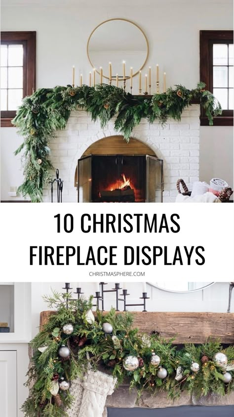 Christmas Decor By Fireplace, Scandinavian Christmas Mantle Ideas, Neutral Mantle Decor Christmas, Christmas Fireplace With No Mantle, Harth Fireplace Christmas Decor, Modern Farmhouse Christmas Mantle Decor, Wreath On Mantle Christmas, Fire Mantle Christmas Decor, Tall Fireplace Christmas Decor