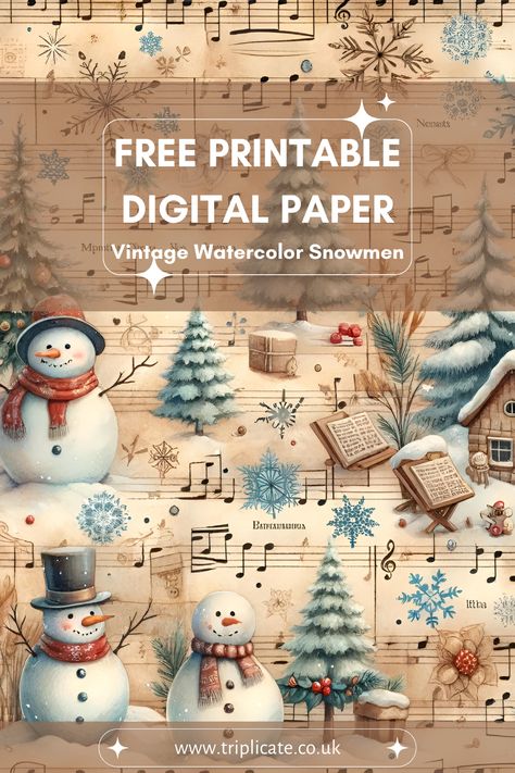 Watercolor snowmen on a vintage sheet music background. Free scrapbooking download with commercial use allowed. #scrapbooking #junkjournaling #papercraft #craftsupplies #freeprintables #digitalpaper Free Snowmen Printables, Scrapbooking Free Printables, Christmas Paper Printable Free, Free Printable Digital Scrapbook Paper, Scrapbook Papers Free Printable, Free Vintage Christmas Images Printables, Free Printable Scrapbook Stickers, Free Christmas Printables Vintage Clip Art, Free Music Printables