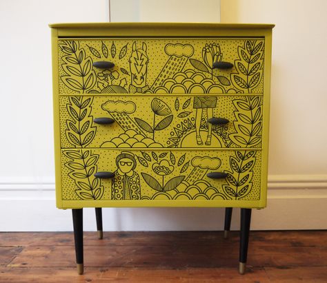 Eclectic Painted Furniture, Funky Cabinets, Art On Furniture, Floating Nightstand Ideas, Modern Floating Nightstand, Painted Furniture Ideas, Nightstand Ideas, Painted Cabinet, Furniture Rehab