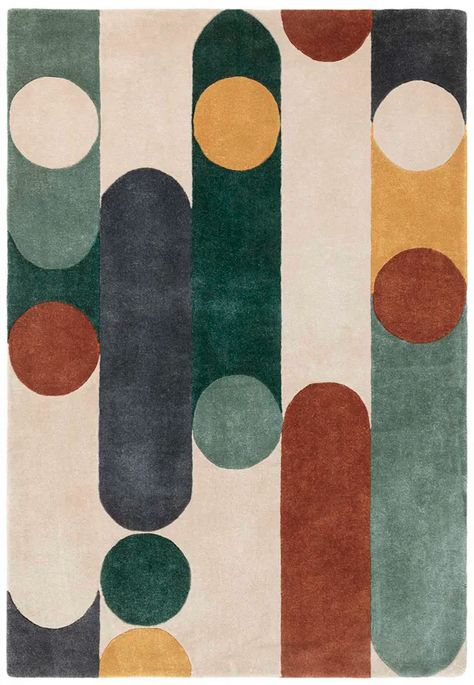 Romy 07 Morse Multi Eco Friendly Modern Rug | Land of Rugs Colorful Carpet Living Room, Mid Century Living Room Rug, Midcentury Rugs, Midcentury Rug, Tufted Rug Design, Modern Moodboard, Diy Midcentury, Mid Century Carpet, Contemporary Interior Design Living Room