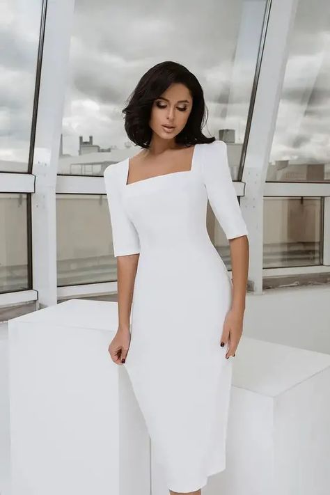 28 Casual Wedding Dresses for Laidback Celebrations Short Wedding Dress Pencil Skirt, Graduation Simple Dress, Rectangle Neckline Dress, Casual Elegant Wedding Dress, White Modest Graduation Dress, White Dress Elegant Short, White Simple Dress Casual, White Elegant Dress Short, Elegant White Dress Short