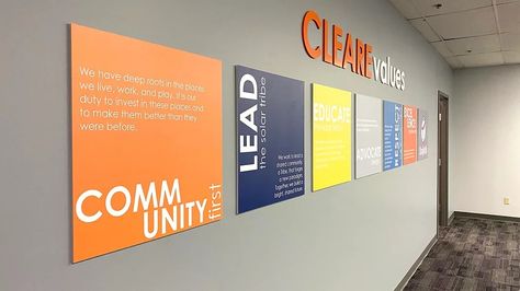 Interior Signage | Excel Signs & Design | Sign Company | St. Louis,MO Marketing Office Interior Design, Company Sign Board, Company Values Wall, Marketing Office Design, Company Culture Wall, School Corridor, Internal Branding, Corporate Poster, Healthcare Advertising